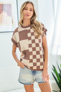 Coco/Taupe Checker Pattern Drop Shoulder Knitted Top