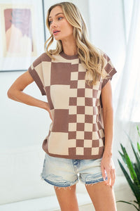 Coco/Taupe Checker Pattern Drop Shoulder Knitted Top