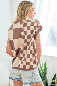 Coco/Taupe Checker Pattern Drop Shoulder Knitted Top