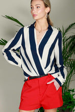 Navy V-Neck Long Sleeve Surplice Striped Shirt Top