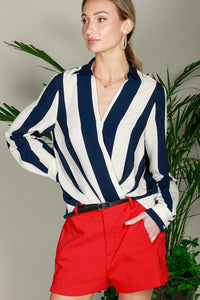 Navy V-Neck Long Sleeve Surplice Striped Shirt Top