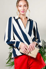 Navy V-Neck Long Sleeve Surplice Striped Shirt Top