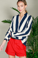 Navy V-Neck Long Sleeve Surplice Striped Shirt Top