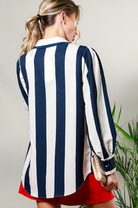 Navy V-Neck Long Sleeve Surplice Striped Shirt Top