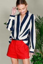 Navy V-Neck Long Sleeve Surplice Striped Shirt Top