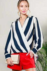 Navy V-Neck Long Sleeve Surplice Striped Shirt Top