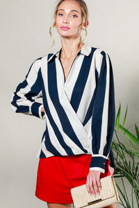 Navy V-Neck Long Sleeve Surplice Striped Shirt Top