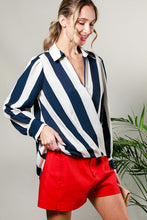 Navy V-Neck Long Sleeve Surplice Striped Shirt Top