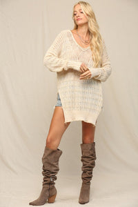 Oatmeal Illusion V Front Pointelle Sweater