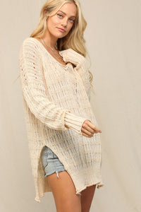 Oatmeal Illusion V Front Pointelle Sweater