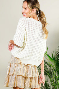 Cream Short Sleeve Pointelle Summer Sweater Top