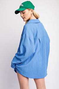 Blue Lightly Textured Oversized Button Down Shirt