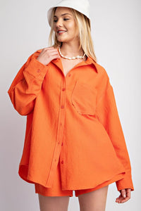 Orange Lightly Textured Oversized Button Down Shirt