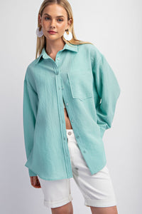 Aqua Lightly Textured Oversized Button Down Shirt