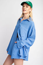 Blue Lightly Textured Oversized Button Down Shirt