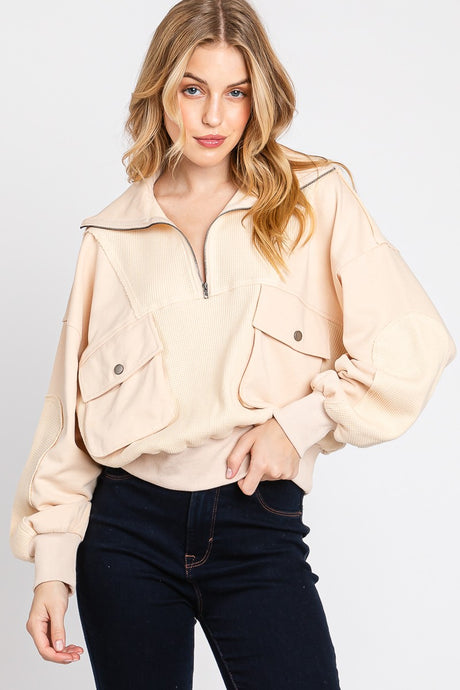 Beige Mineral Wash Zip Up Sweatshirt