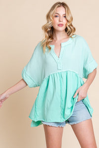 Mint Washed Cotton V Neck Boxy Top