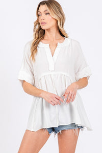 Off White Washed Cotton V Neck Boxy Top