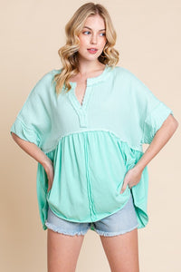 Mint Washed Cotton V Neck Boxy Top