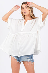 Off White Washed Cotton V Neck Boxy Top