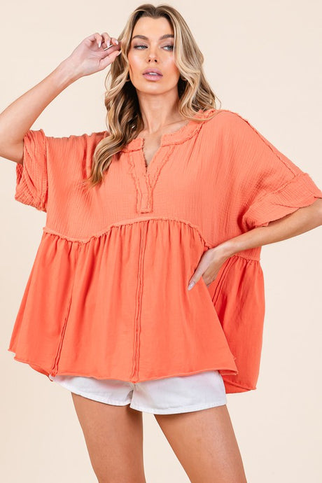 Orange Washed Cotton V Neck Boxy Top