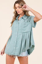 Sage Mineral Washed Pleated Button Down Top