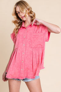 Coral Mineral Washed Pleated Button Down Top