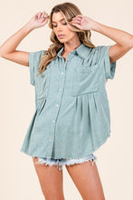 Sage Mineral Washed Pleated Button Down Top