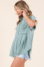 Sage Mineral Washed Pleated Button Down Top