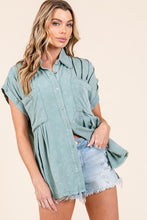 Sage Mineral Washed Pleated Button Down Top