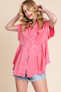 Coral Mineral Washed Pleated Button Down Top