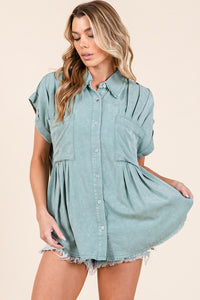 Sage Mineral Washed Pleated Button Down Top