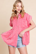 Coral Mineral Washed Pleated Button Down Top