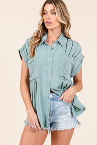 Sage Mineral Washed Pleated Button Down Top