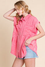 Coral Mineral Washed Pleated Button Down Top