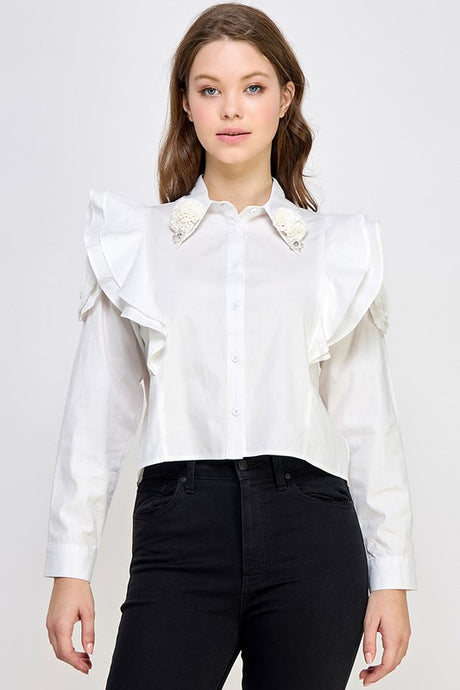 White Rhinestone N Ruffle Detail Shirt