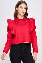 Red Rhinestone N Ruffle Detail Shirt