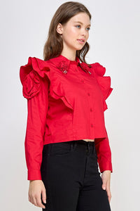 Red Rhinestone N Ruffle Detail Shirt