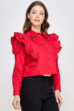 Red Rhinestone N Ruffle Detail Shirt