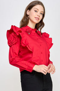 Red Rhinestone N Ruffle Detail Shirt