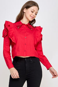 Red Rhinestone N Ruffle Detail Shirt