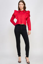 Red Rhinestone N Ruffle Detail Shirt