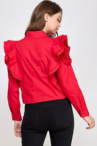 Red Rhinestone N Ruffle Detail Shirt