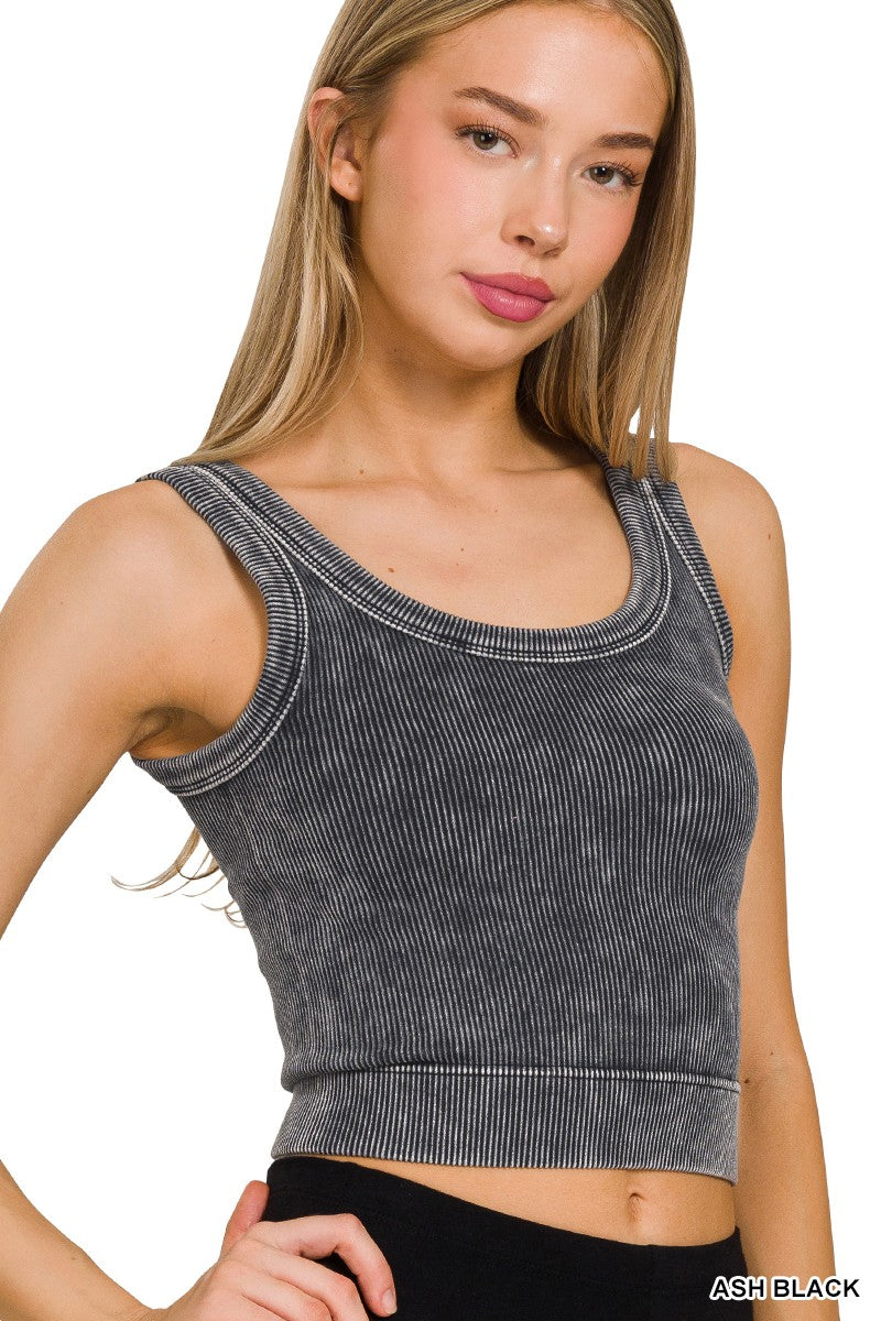 Ash Black Washed Ribbed Cropped Scoop Neck Tank Top