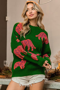 Jade/Orange Tiger Pattern Round Neck Sweater