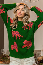 Jade/Orange Tiger Pattern Round Neck Sweater