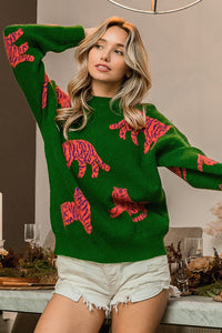 Jade/Orange Tiger Pattern Round Neck Sweater