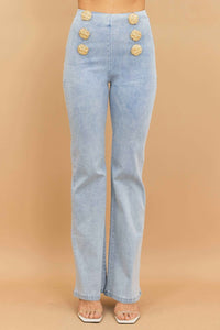 High Waist Washed Denim Pants With Button Detail