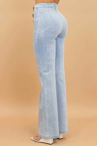 High Waist Washed Denim Pants With Button Detail