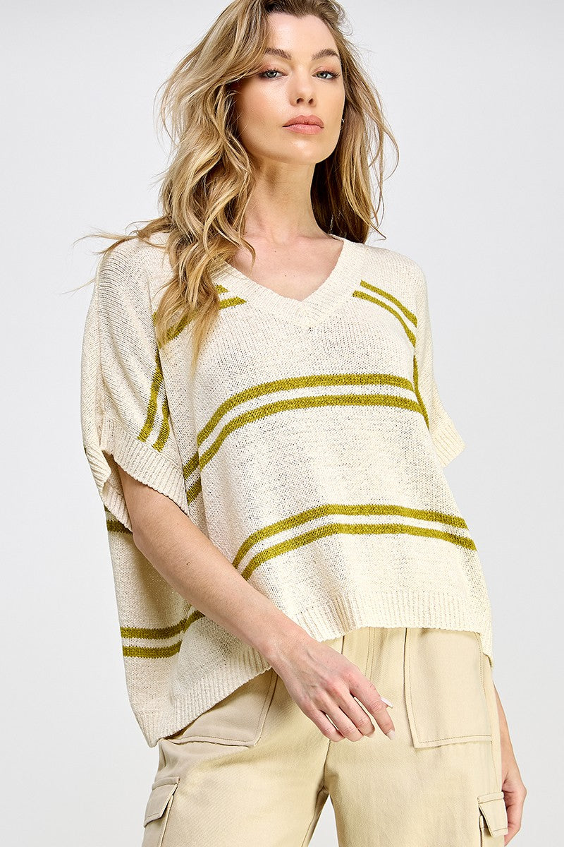 Avocado Textured Stripe V-Neck Sweater Top